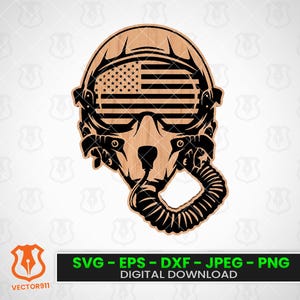 May include: A wooden cutout depicting a pilot's helmet, featuring the American flag within the visor. The design includes the helmet's details and oxygen mask. Text reads "SVG - EPS - DXF - JPEG - PNG DIGITAL DOWNLOAD".