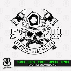 File vettoriali SVG con logo di Vigile del Fuoco Certificato, baffi, teschio e asce incrociate, realizzati per applicazioni di taglio CNC, laser e vinile