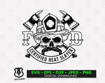 Pode incluir: Ilustração em preto e branco de uma caveira usando um capacete de bombeiro com machados cruzados atrás. O texto "CERTIFIED HEAT SLAYER" está escrito em uma faixa.