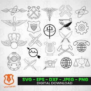 Könnte beinhalten: Eine Sammlung von schwarz-weißen Vektorillustrationen verschiedener Embleme und Symbole, darunter Flügel, Anker, Schlüssel und ein Taucherhelm. Der Text "SVG - EPS - DXF - JPEG - PNG DIGITAL DOWNLOAD" ist enthalten.
