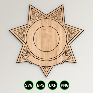 May include: A wooden cutout of a sheriff's badge with a blank space in the center for personalization. The badge is a six-pointed star with a ribbon at the bottom.