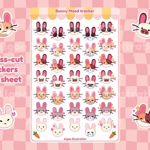 Feuille d'autocollants Bunny Mood Tracker I Sticker Kawaii pour agenda et Bullet Journal Sticker mat mignon, tracker d'humeur, autocollants émotion réaction