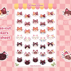 Hoja de pegatinas para rastrear el estado de ánimo de un gato. Pegatinas kawaii para planificadores y diarios. Pegatinas mate lindas, rastreadores de estado de ánimo, pegatinas de reacción emocional
