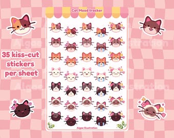 Cat Mood Tracker Sticker Sheet: Kawaii Planner Stickers