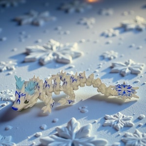 May include: A white, snowflake-themed dragon figurine with blue accents. The dragon is surrounded by white snowflake decorations on a white surface. The dragon has blue markings and is posed in a crawling position.