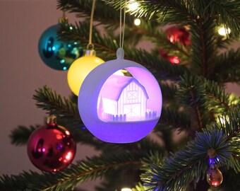 3D Printed Barn Christmas Bauble | LED Lighted Tree Ornament