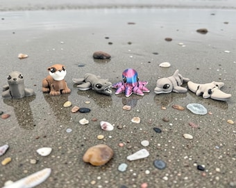 Articulated Sea Creature Fidget Toys | 3D Printed Octopus, Otter, Dolphin, Seal, Manta Ray Set