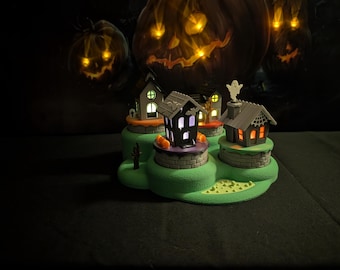 3D Printed Haunted Village Display | Lighted Houses | LED Tea Light Decor | Eerie Glow