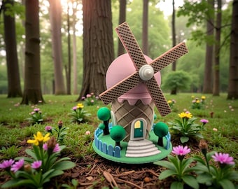 Whimsical Ice Cream Fairy Cottage Lamp | 3D printed decor | LED tealight friendly | spinning waffle windmill | marble style staircase | gift