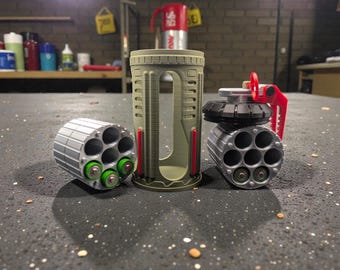 Sci‑Fi Grenade Style AA Battery Rack | 3D printed toy prop holder | hidden storage canister | olive drab or silver | desk and workshop