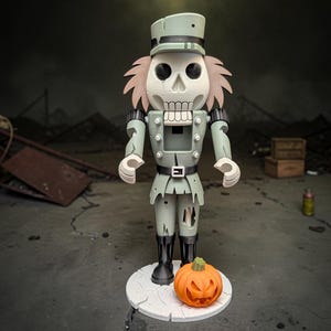 May include: A nutcracker figure with a skull-shaped head, wearing a tattered light green military-style uniform and a matching cap. The figure has black boots, stands on a circular white base, and has an orange jack-o'-lantern pumpkin at its feet.