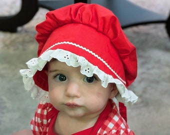 Red Cotton Baby Bonnet with Eyelet Lace in 7 sizes