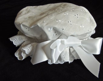White EYELET muffin bath mop hat photo prop Bonnet/ Cap sizes NB to 5T  - Free shipping