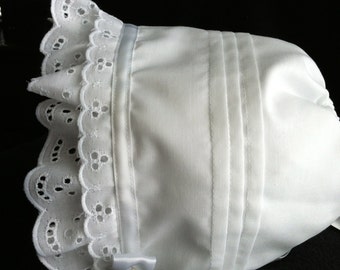 White Lace and Tucks lined Baby Bonnet sz newborn through 12 months - FREE shipping