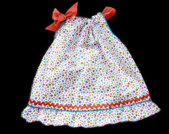 Girls 5T summer sundress white with bright polka dots and orange tie.OOAK