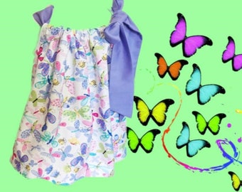 Girls 1T, 12-18 months summer sundress butterflies in pink and purple, purple tie