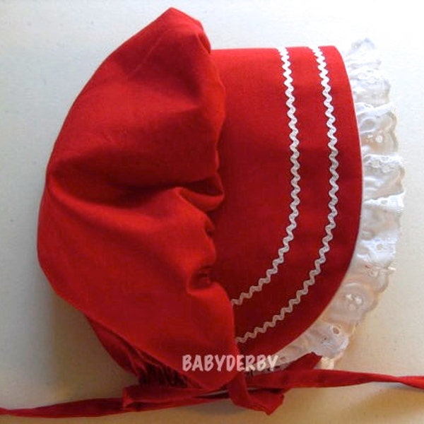 Red Bonnet Sunhat Sunbonnet cotton w/eyelet lace, sizes NB, 3,6,9,12.18.24 months - FREE shipping