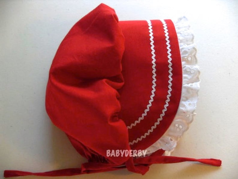 Red Bonnet Sunhat Sunbonnet cotton w/eyelet lace, sizes NB, 3,6,9,12.18.24 months FREE shipping image 1