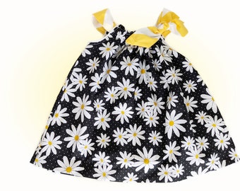 Girls 2T summer sundress black with white daisies, yellow chevron tie