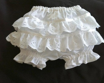 White Diaper Cover/ Panties Bloomers with Eyelet Lace ruffle-bum sz nb, 3, 6, 12, 24, 36 months - FREE shipping