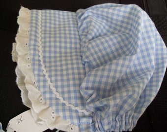 Baby or Toddler BLUE GINGHAM bonnet sizes nb,3,6,9,12,18,24 months - FREE shipping