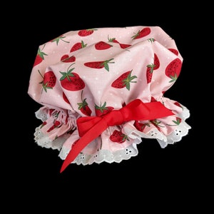 Newborn - adult Strawberry muffin top Bonnet/ Bath Cap - LARGE strawberry print - FREE shipping