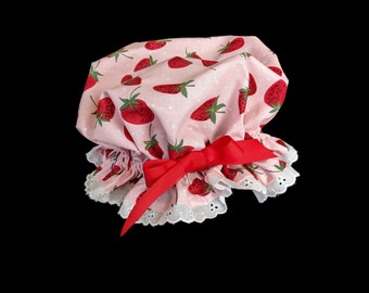 Newborn - adult Strawberry muffin top Bonnet/ Bath Cap - LARGE strawberry print - FREE shipping