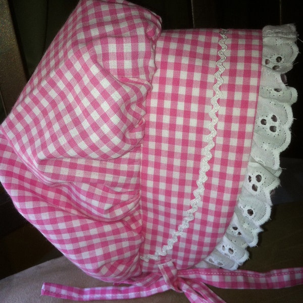 Deep Pink Gingham Baby or Toddler Bonnet Sunhat Sunbonnet sizes newborn,3,6,9,12,18,24 mo.2T,3T,4T - Free shipping