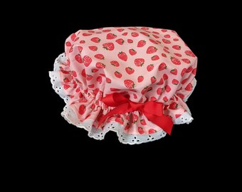 Strawberry muffin top Bonnet/ Bath Cap - FREE shipping sizes NB to adult - SMALL strawberry print