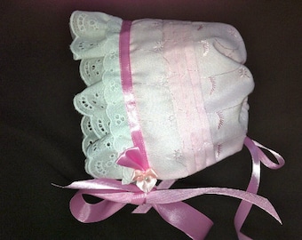 Pink Eyelet Baby Bonnet sz newborn through 12 months Lace and Tucks lined  - FREE shipping