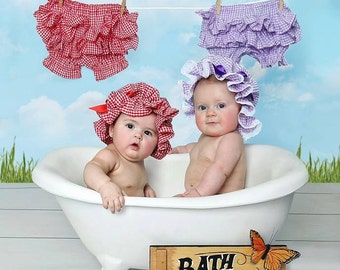 Gingham Bloomer Diaper Cover and Muffin Cap Bath Hat Set - red, pink, yellow, green, purple  - FREE shipping