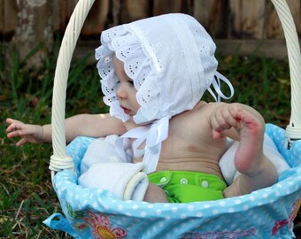 Baby Easter Bonnet Lace and Tucks lined White Eyelet sz newborn through 12 months