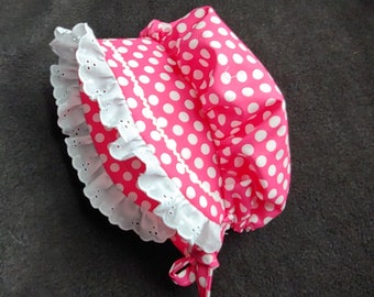 Size 9-12 months Bonnet Sunhat Sunbonnet Bright Pink with white Dot - Ships Free today!