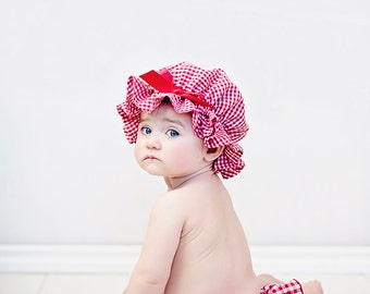 Gingham muffin bath mop hat photo prop Bonnet/ Cap red, pink, yellow, blue, green, purple sizes Nb to 5T - FREE shipping