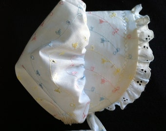 6-9 months Bonnet Pastel Embroidery on White Eyelet Lace trim- FREE shipping