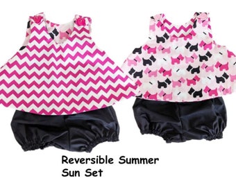 Scottie Dog and Pink Chevron Reversible Summer Sunsuit Bloomer Set sizes 3, 6, and 12 month,
