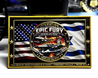 Utmaningsmynt för Operation Epic Fury till minne av Pete Hegseths F-15-utmaningsmynt från president Donald Trump, MAGA USS Abrahams anfall mot Iran, USA och Israel.