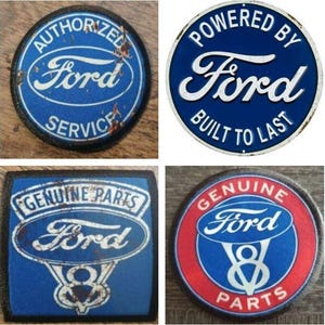 May include: Four different Ford logo patches. The first patch is blue with white text that says "AUTHORIZED Ford SERVICE". The second patch is blue with white text that says "POWERED BY Ford BUILT TO LAST". The third patch is blue with white text that says "GENUINE PARTS Ford" and a rusty V8 logo. The fourth patch is red with a blue centre that says "GENUINE Ford 8 PARTS".