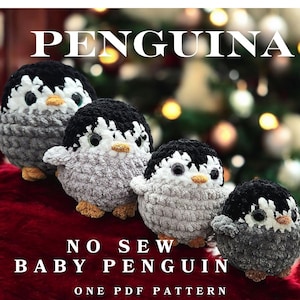 May include: Four crocheted penguin toys in different sizes, with black and white markings and large eyes. The penguins are arranged in a line on a red surface. The text "NO SEW BABY PENGUIN ONE PDF PATTERN" is below the penguins.