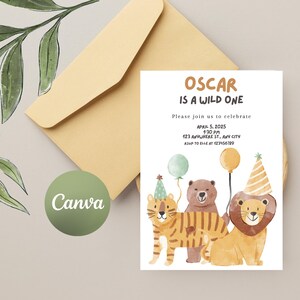 Wild one Animal First Birthday Invitation, 1st Birthday, Jungle Party Invite, Editable Digital and Printable