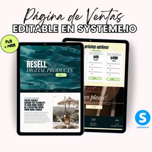 Puede incluir: Dos tabletas que muestran una interfaz de sitio web. La primera tableta muestra "RESELL DIGITAL PRODUCTS" con un fondo turquesa. La segunda tableta muestra opciones de precios. El texto incluye "Página de Ventas EDITABLE EN SYSTEME.IO" y "PLR & MRR".
