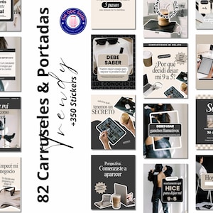 Puede incluir: Una colección de 82 plantillas de historias de Instagram para marketing en redes sociales. Las plantillas presentan una estética moderna con fondos en blanco y negro, tazas de café, portátiles y superposiciones de texto. El texto incluye frases como "Debe Saber", "Sobre mi", "Empecé mi negocio", y "Sorteo".