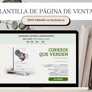 Puede incluir: Una pantalla de computadora portátil que muestra una página web con un diseño verde y blanco. La página web anuncia un curso titulado "Correos Que Venden" con un descuento del 50%. El texto en la página web está en español.