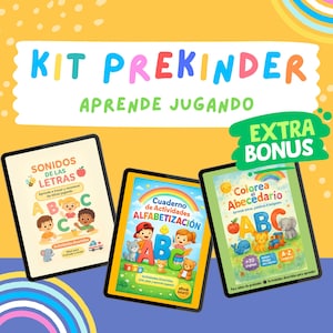 Op de afbeelding: Een kleurrijke educatieve kit voor kleuters. De afbeelding toont drie tablets met leermaterialen, waaronder een boek over letters, een alfabetwerkboek en een kleurboek. De tekst op de afbeelding luidt "Kit Prekinder" en "Extra Bonus".