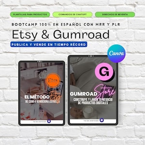 May include: Two digital product mockups on tablet screens. The left screen shows a pink and orange Etsy logo with the text "EL MÉTODO Etsy DE CERO A VENDEDORA ESTRELLA". The right screen shows a pink G with the text "GUMROAD Store CONSTRUYE Y LANZA TU NEGOCIO DE PRODUCTOS DIGITALES". Both screens have the text "THE ODC SHOP STUDIO" at the bottom.