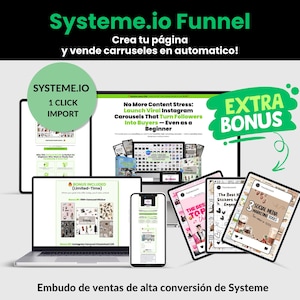 May include: A digital marketing product display featuring a laptop, smartphone, and tablets showing social media carousel templates. Text includes Systeme.io Funnel, 1 Click Import, Extra Bonus, and No More Content Stress: Launch Viral Instagram Carousels.