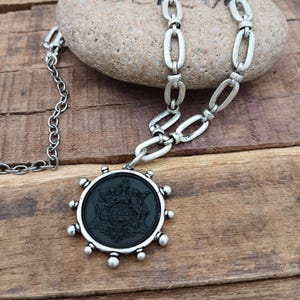 Coin Pendant Necklace, Vintage Black French Angel Coin, Bold Oval Link Antique Silver Chain, Unique