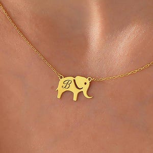 14K Gold Elephant Letter Necklace , Animal Letter Necklace , Elephant Lovers Pendant , Personalized Elephant Necklace , Kids Necklace