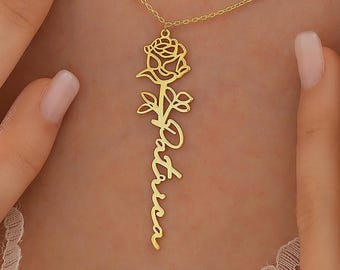 14K Gold Birth Flower Necklace , Mother's Day Necklace , Name Necklace with Birth Month Flower , Mom Gift , Gift for Her , Gift for Mom