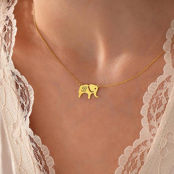 14K Gold Elephant Letter Necklace Animal Letter Necklace